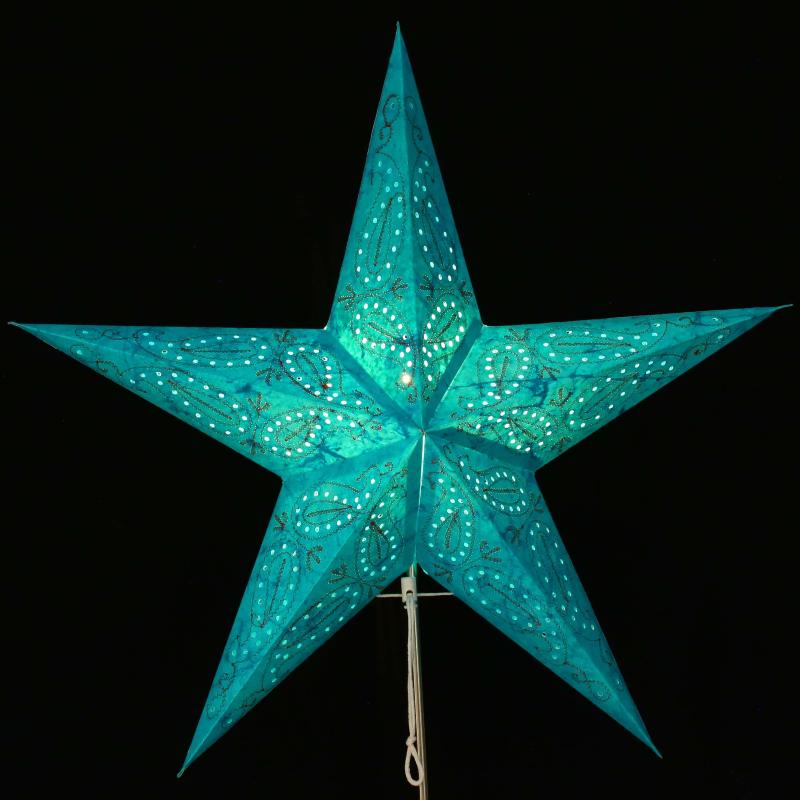 Ananti Batik Türkis  - Faltbarer Leuchtstern, Weihnachtsstern aus Papier mit 5 Zacken, 60 cm